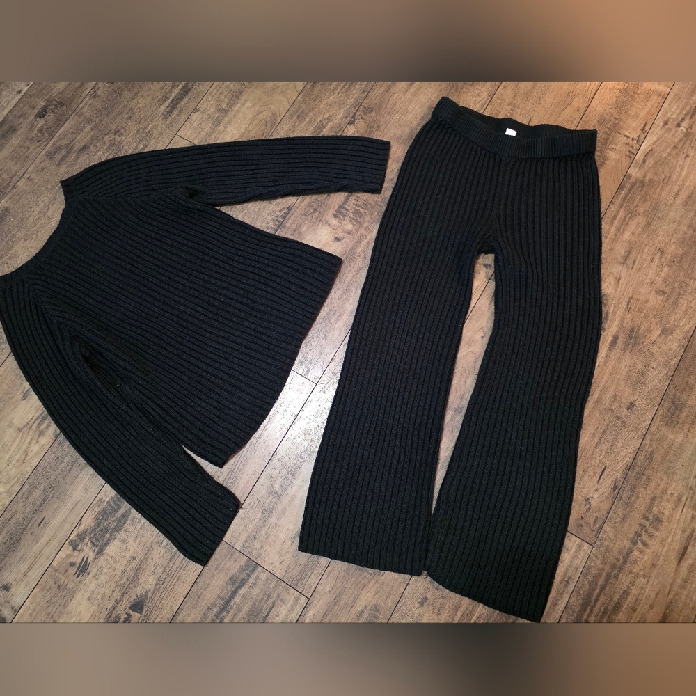 SHEIN Black Ribbed Knit Top Bottom Set‎ Trendy Comfort Winter Cold Size 13/14